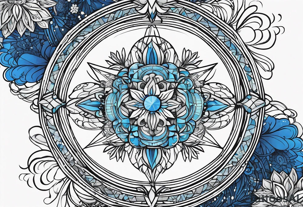 Linear minimalistic metatron , with abstract floral patern in blue linear design tattoo idea