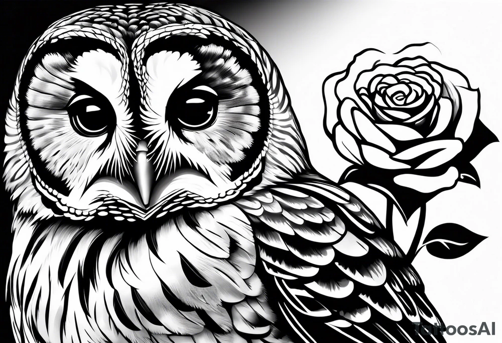 Barred owl with a single rose tattoo idea