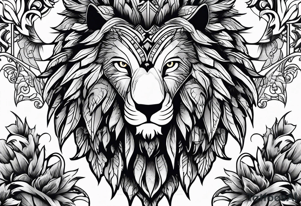 create a tattoo style image, merging the 3 animals, an American eagle, a lion and a wolf tattoo idea
