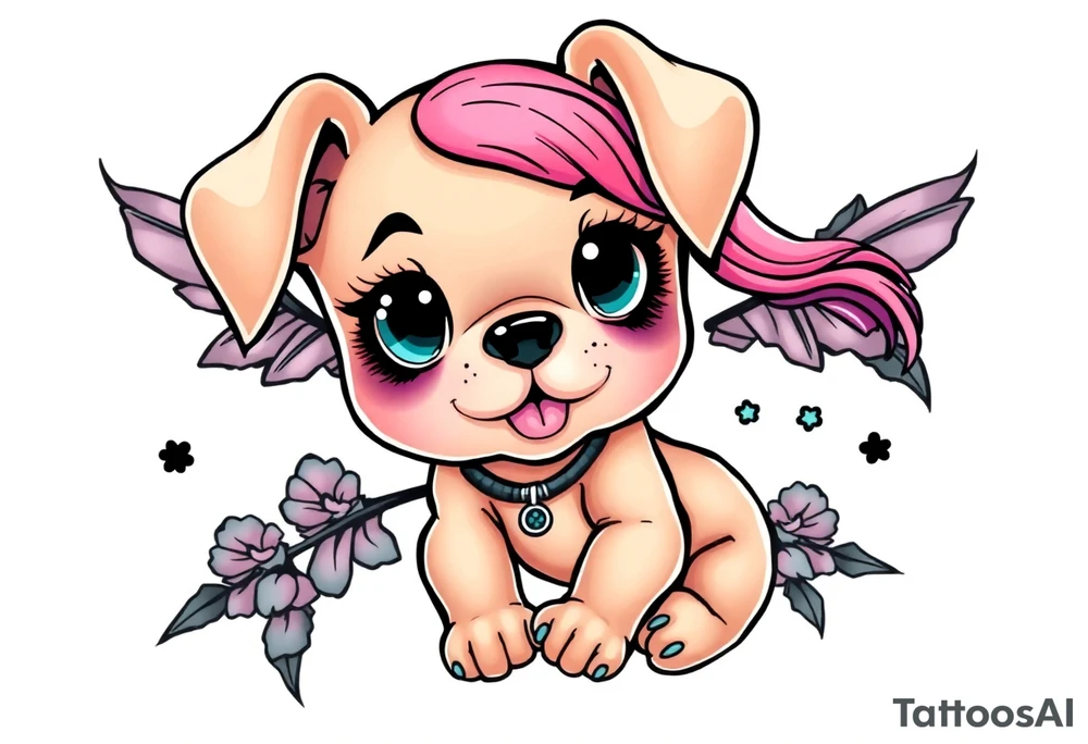 goth sexy puppy girl with big boobs and pink hair full human body tattoo idea