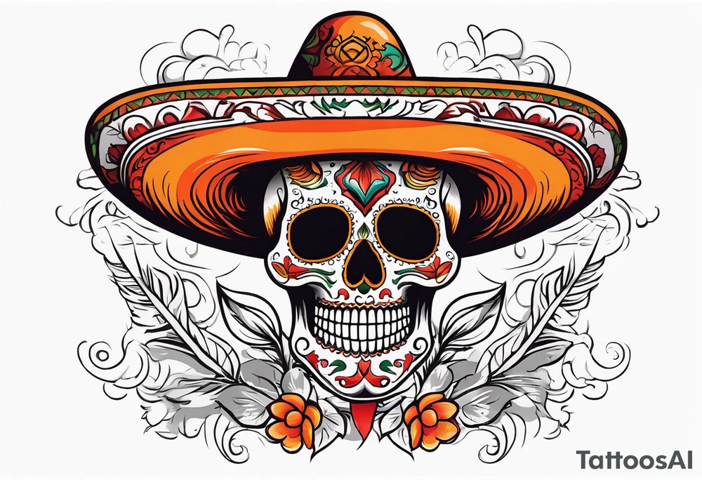 Mexican skull with sombrero with smoke coming out of the bottom orange and red tattoo idea