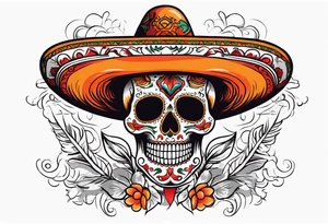 Mexican skull with sombrero with smoke coming out of the bottom orange and red tattoo idea