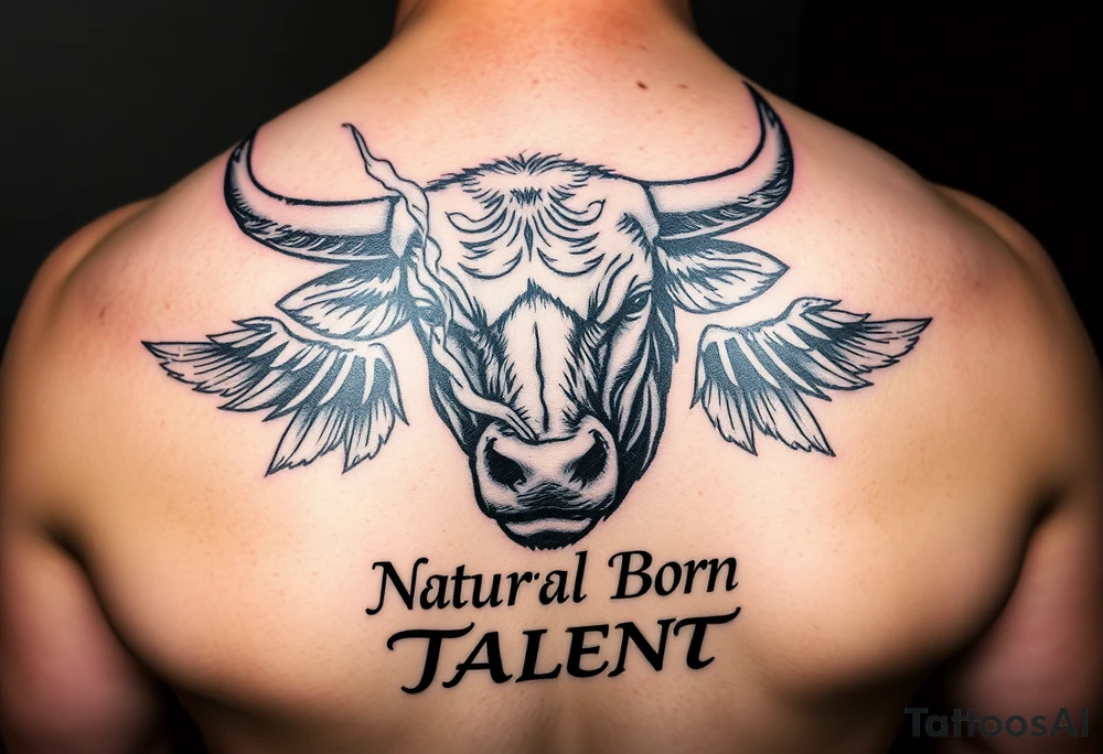 Bull blowing smoke out of his nose with the words Natural Born Talent tattoo idea