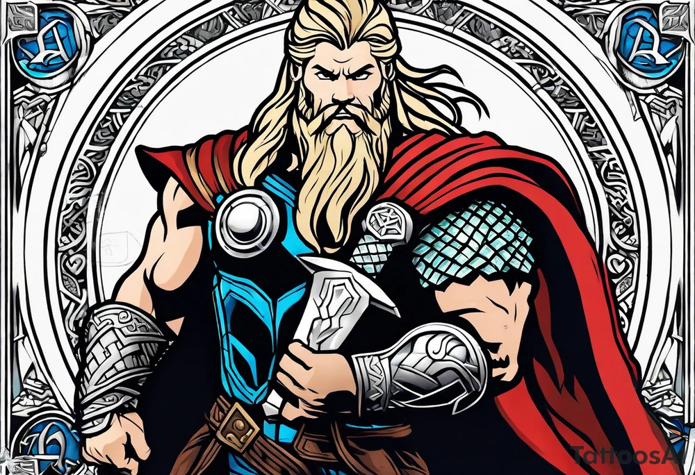 Thor with him holding mjolnir and a vignette of viking rune design tattoo idea