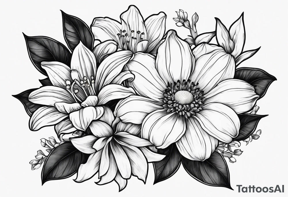 Minimalist Two roses, two daisies, one daffodil, one chrysanthemum, one gladiolus, one lily of the valley tattoo idea