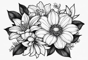 Minimalist Two roses, two daisies, one daffodil, one chrysanthemum, one gladiolus, one lily of the valley tattoo idea