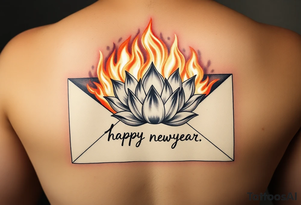 burning envelope with flames, charred paper texture, partially burnt edges, smoke and sparks   lotus flower surrounding envelope, watercolor lotus with gradient petals, traditional ink style lotus   handwritten text "hamburger, happy newyear", vintage cursive font on burnt paper, faded ink effect   neo-traditional tattoo, ink wash lotus, blackwork shading tattoo idea
