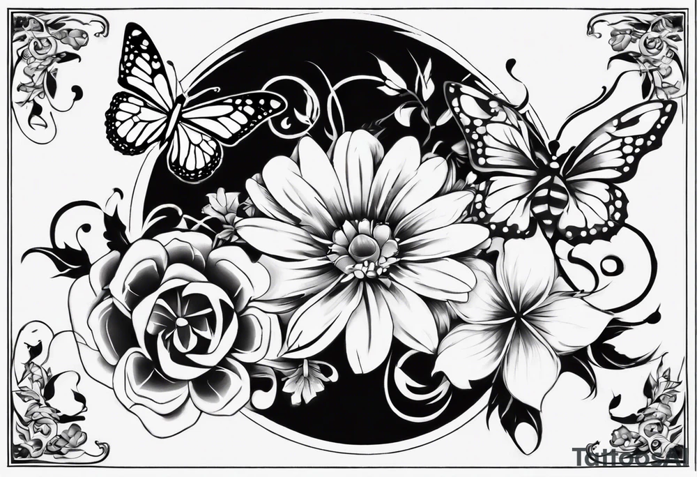 Flower and butterflies which will wrap around ankle horizontally which is larger in the centre tattoo idea