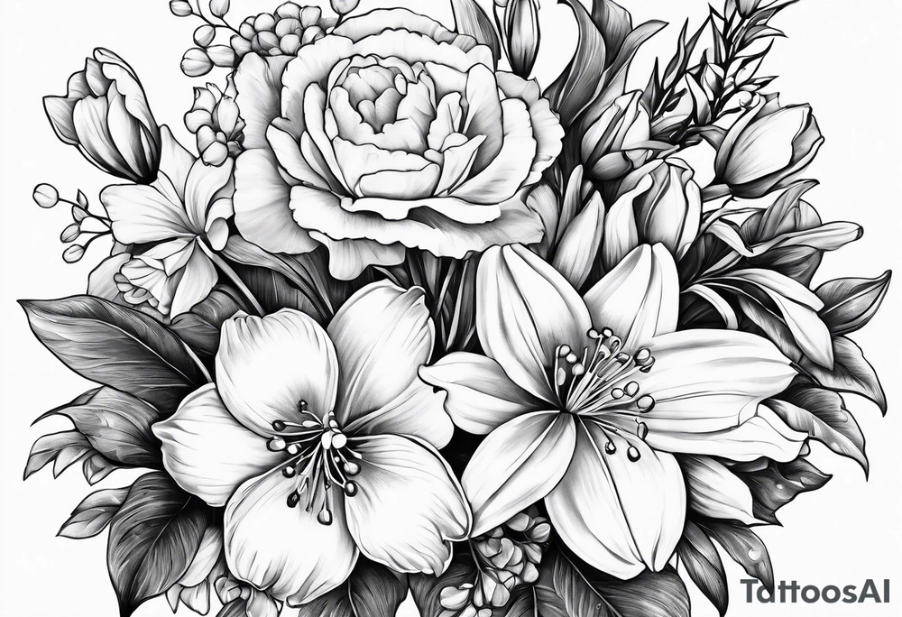 Bouquet
with 1 snowdrop 2 carnations 1 rose 1 lily of the valley 1 daffodil 1 peony tattoo idea