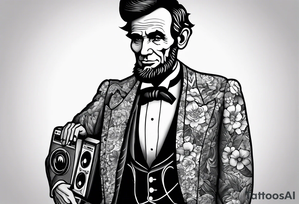 Abraham Lincoln in a flowered suit jacket holding a 90s boombox on his shoulder jamming out tattoo idea