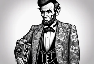 Abraham Lincoln in a flowered suit jacket holding a 90s boombox on his shoulder jamming out tattoo idea