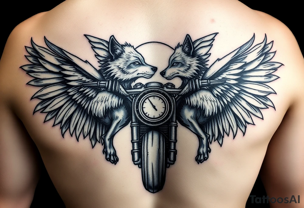 guardian angel wolves on a motorcycle tattoo idea