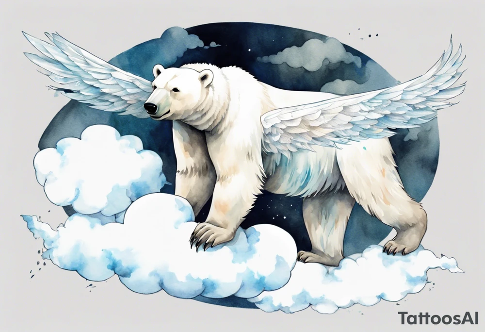 a winged polar bear, standing on clouds with wind pouring from his mouth tattoo idea