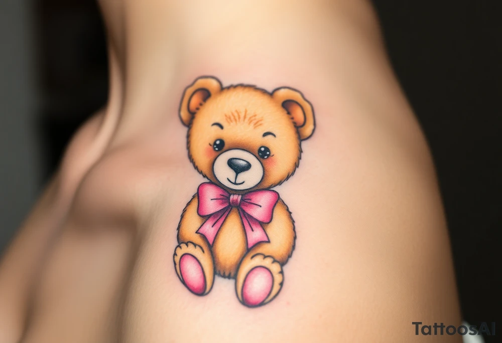 realistic tan teddy bear with a pink bow around its neck tattoo idea