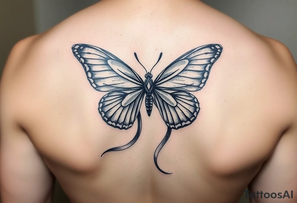 ethereal butterfly with flowing silk ribbons in moonlight tattoo idea