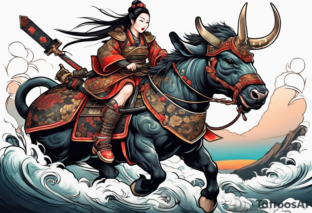 Rat in the style of a shogun warrior princess, riding an armored war ox, front facing tattoo idea