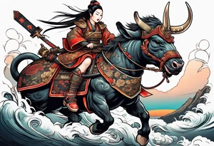 Rat in the style of a shogun warrior princess, riding an armored war ox, front facing tattoo idea