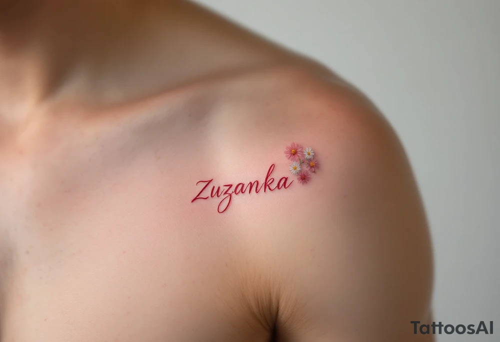 Zuzanka written in gentle cursive, nestled among pastel pink and white daisies tattoo idea