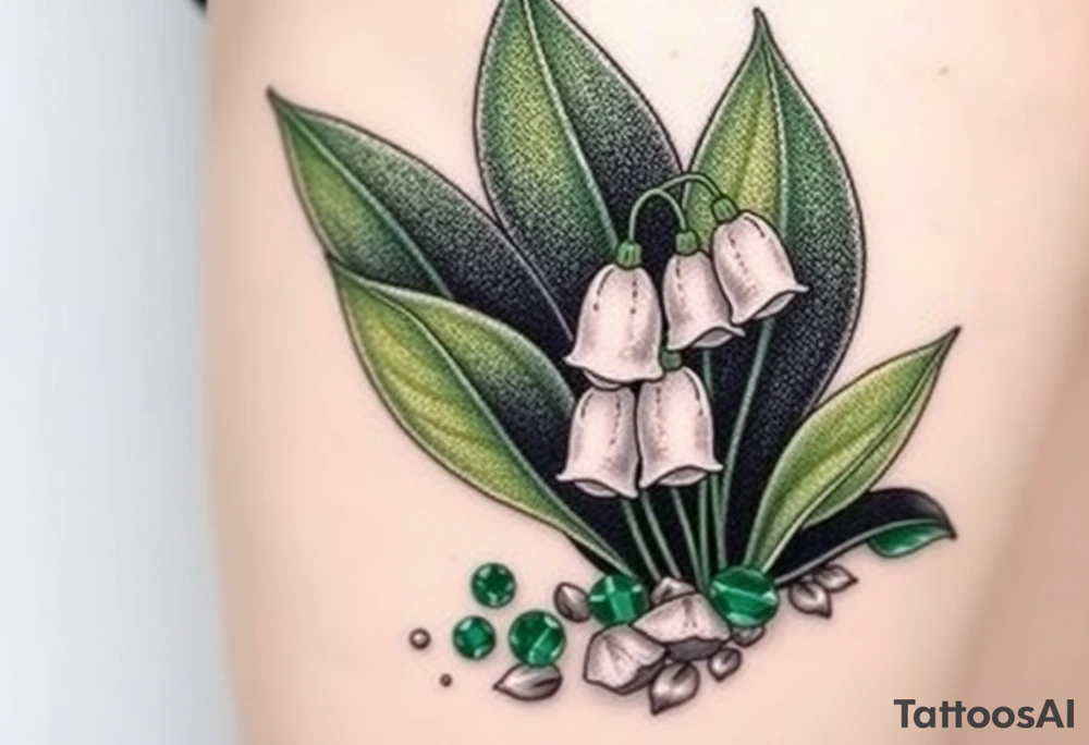 White lily in the valley bells with emeralds on the ground next to the plant tattoo idea