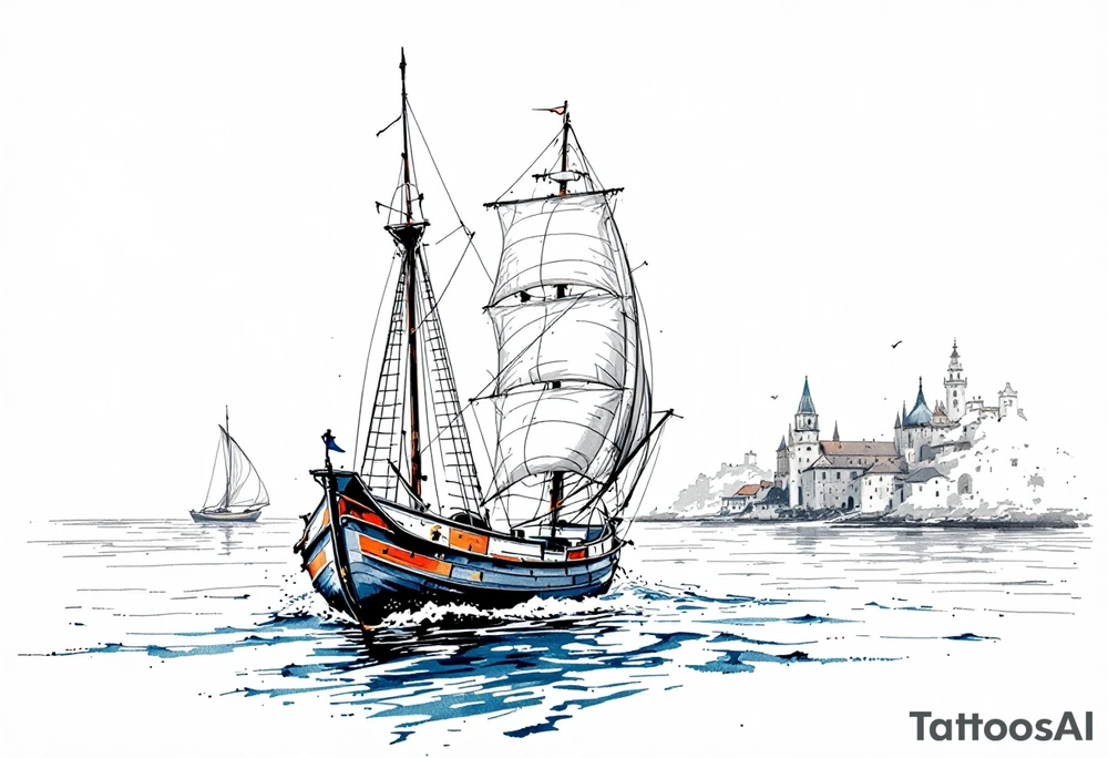 sailing boat in a bay tattoo idea