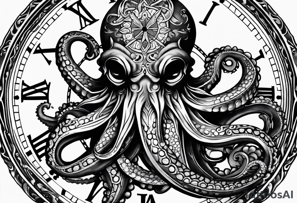 pocket watch being wrapped by an octopus tattoo idea