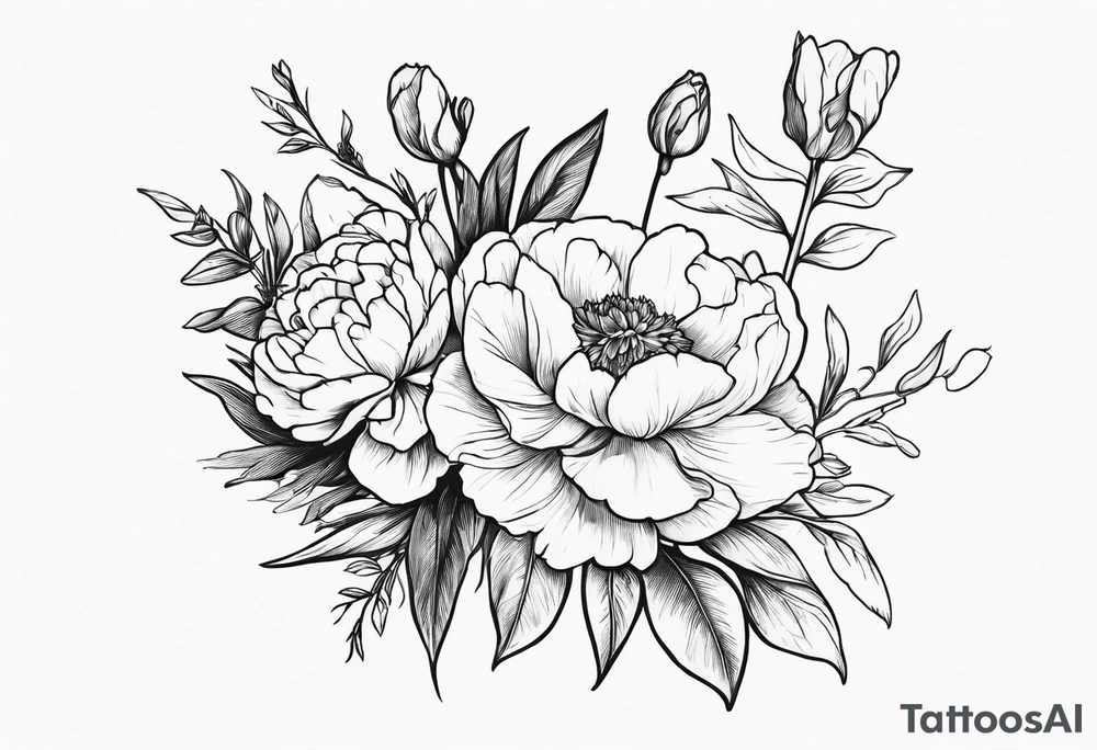flower bouquet with a peony, larkspur, rose, and daffodil with stems showing tattoo idea