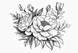 flower bouquet with a peony, larkspur, rose, and daffodil with stems showing tattoo idea