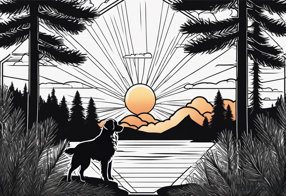 Outline of a dog paw print with a sunset with two pine trees and a golden retriever tattoo idea