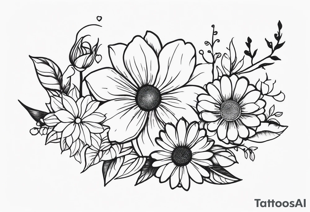 tattoo to represent that I have 3 children (girls). For inspiration I like flowers, the beach. Tattoo is for ribcage down side of body. I don't want images of women or girls in it. I want it pretty. To include daisy flowers, roses tattoo idea