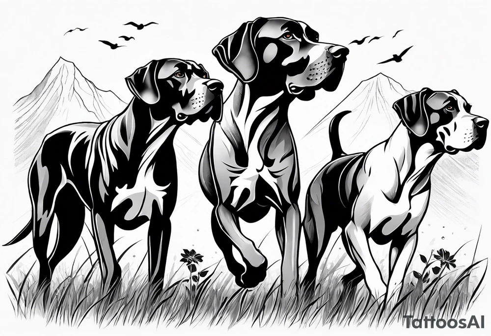 full arm sleeve on guy with (4) Four Great Dane floppy ear dogs running together in the field tattoo idea