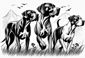 full arm sleeve on guy with (4) Four Great Dane floppy ear dogs running together in the field tattoo idea