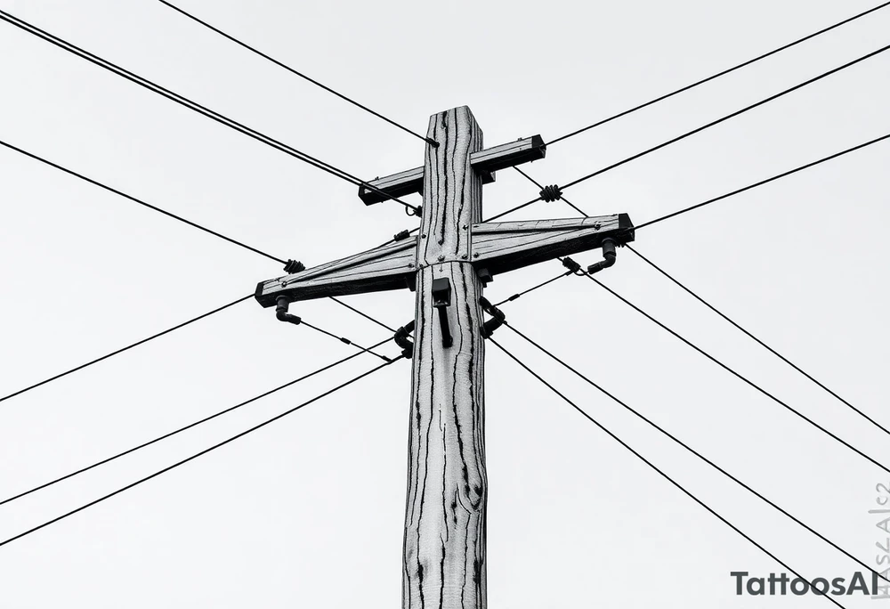 a wooden 12kv distribution pole with electrical lines. Make the pole a cross that has a hidden resemblance to god. tattoo idea