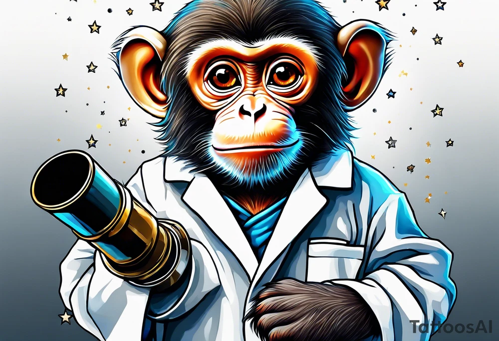 Small baby monkey in a lab coat looking up at the stars through a telescope tattoo idea