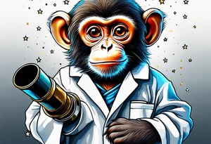 Small baby monkey in a lab coat looking up at the stars through a telescope tattoo idea