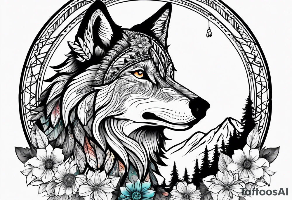 A whimsical wolf tattoo featuring mandala or dream catcher elements, with the wolf as the central focus, surrounded by mountains in the background. Include flowers and nature elements to fill the space around the wolf. Some color but not completely solid bold color tattoo idea