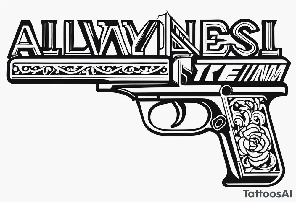 The letters AR with a pistol on each side and the word always on the top and ready on the bottom tattoo idea