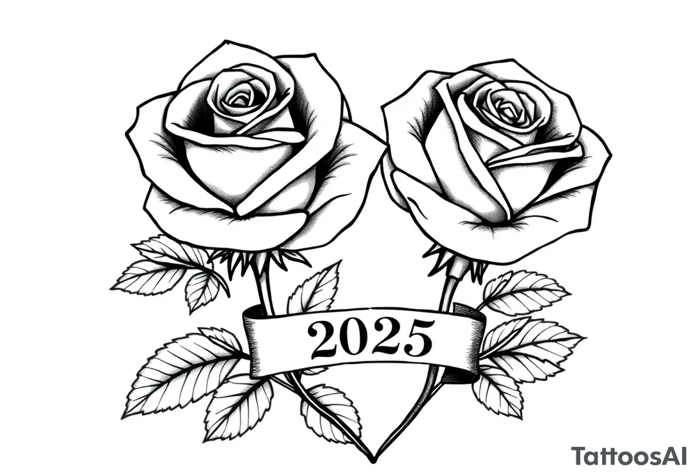 two beautiful large rose buds, one larger than the other, with lots and lots of leaves next to the rose buds, with one sitting slightly higher than the other, side-by-side.  Include a banner connecting the two roses with the year 2025 on it.   Use dark outlines with little shading. No stems tattoo idea