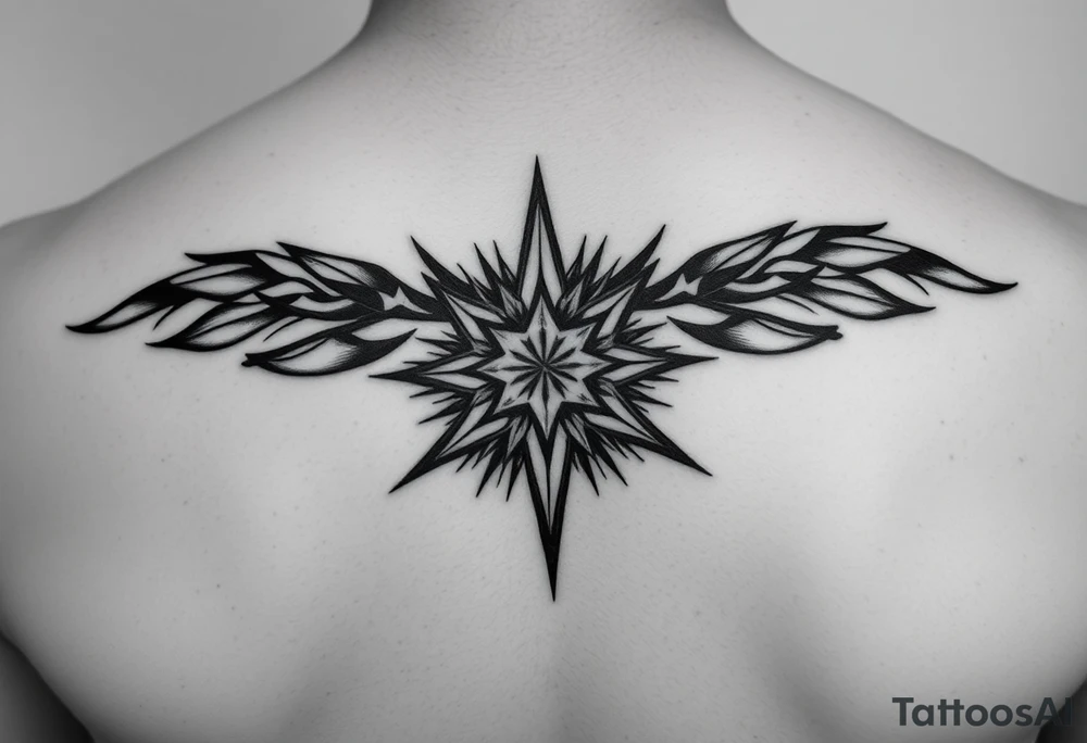 A highly artistic tattoo design with a central focus on a radiant star, symbolizing guidance and empowerment. black and white. small tattoo idea