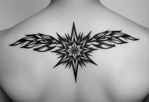 A highly artistic tattoo design with a central focus on a radiant star, symbolizing guidance and empowerment. black and white. small tattoo idea