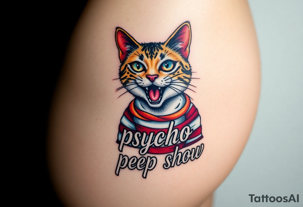 Design a tattoo of a high-quality full color illustration in a surrealism style. The main element should be a cat wearing a straightjacket and displaying a wild, crazy expression on its face.   the words "psycho peep show" should be present in the design in a stylish tattoo style font , very detailed, very colorful and  vivid , highest quality tattoo . it  is placed on the buttock  of a young woman with a perfectly shaped firm butt, tattoo idea
