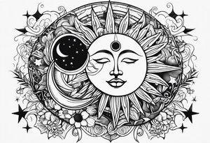 sun, moon and weird symbols tattoo idea