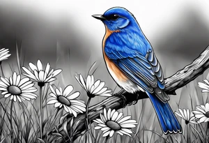 Blue bird perched in grass with a daisy tattoo idea