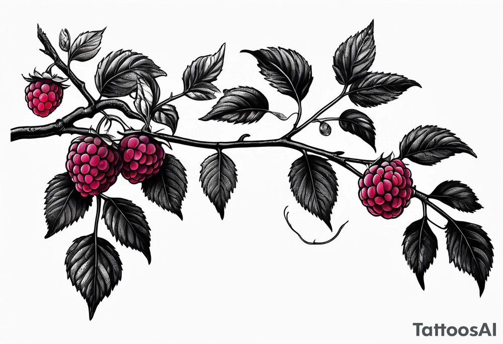 a single long raspberry branch that is growing downwards and skinny in width tattoo idea