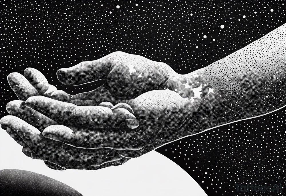 The Creation of Adam after Michelangelo`s fresco, vector hands, illustration that create a galaxy in Dotwork style tattoo idea