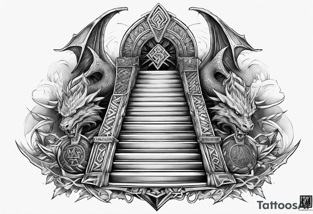 Valhalla sword shield dragon axe Valknut stairs tattoo idea
