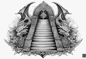 Valhalla sword shield dragon axe Valknut stairs tattoo idea