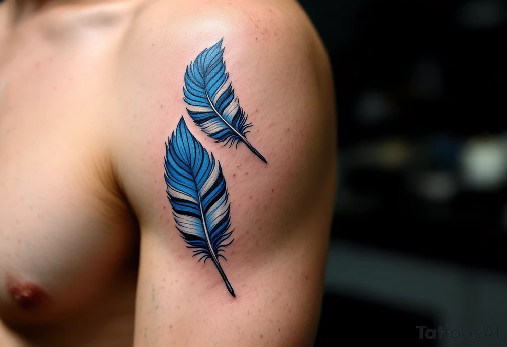 Two falling blue jay feathers, bright blue with black and white stripes, arranged like mirrored wings in midair. tattoo idea