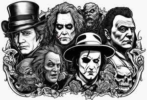 Classic horror combination, with influence from Michael Myers, Ghost Face, Freddy Krueger, Sweeney Todd and Jason Vorheez tattoo idea