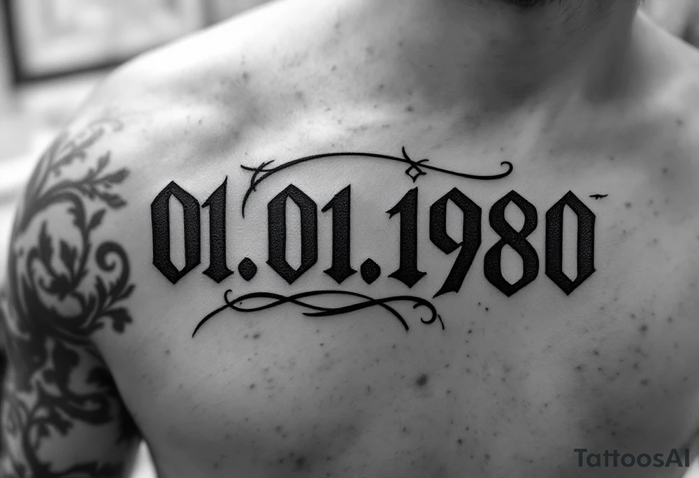 Masculine date 01.01.1980 in monospaced type with steel gray ink and thick lines. tattoo idea