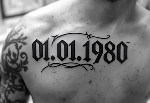 Masculine date 01.01.1980 in monospaced type with steel gray ink and thick lines. tattoo idea